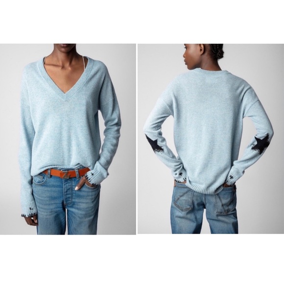 Zadig & Voltaire Vivi Destroy Patch Cashmere Sweater Blue Elbow Patches Sz L - Picture 1 of 10